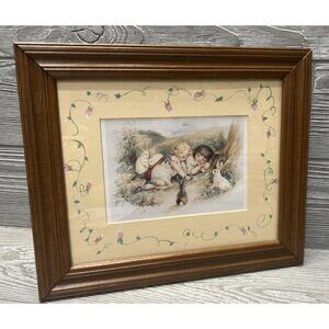 Framed Art Vintage Sleeping Children with Bunnies Hand Painted Mat 10” X 12”